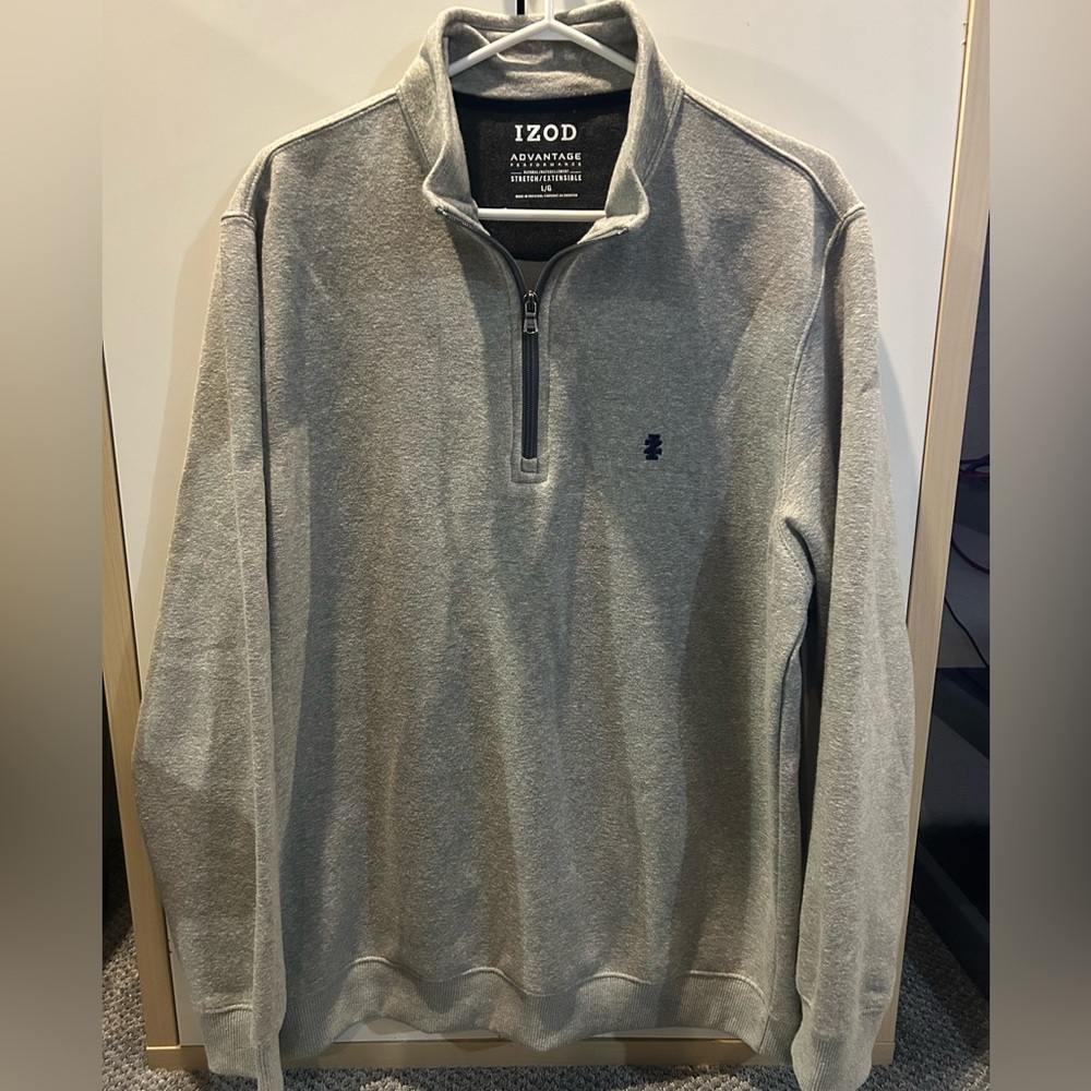 IZOD Advantage Sweater Mens Large Performance Natural Stretch Fit 1/4 Zip Gray